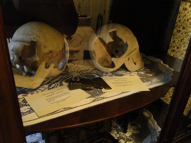The murder weapon and replica skulls put on display.Author: jjandames CC BY-ND 2.0