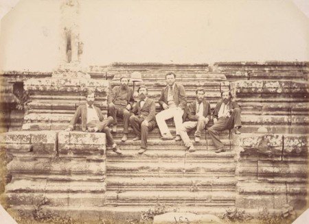 Group portrait of Doudart de Lagrée and other members of the “Commission d’ exploration du Mékong,” Angkor Wat, Siam (now in Cambodia), 1866. 