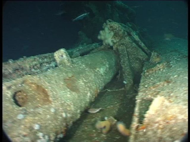 The U-boat’s snorkel mast in the deck recess with hydraulic elevator piston behind (Innes McCartney)