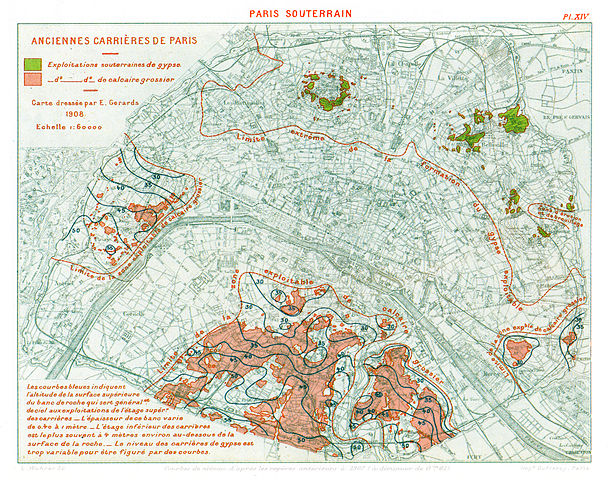 Map of former underground mine exploitation in Paris (1908)
