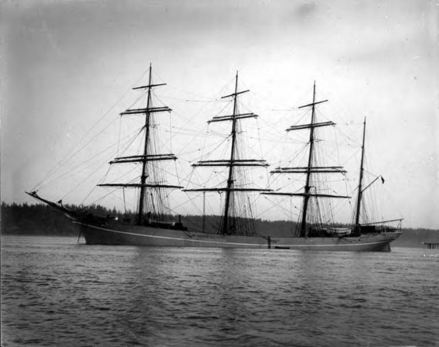 Peter Iredale with the mainsail lowered.