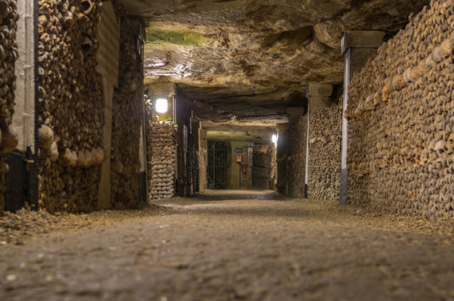 Human remains are stacked in the catacombs.