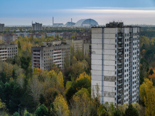 The ghost town Pripyat with the nuclear power plant in the Chernobyl Exclusion Zone which was established after the nuclear disaster in 1986