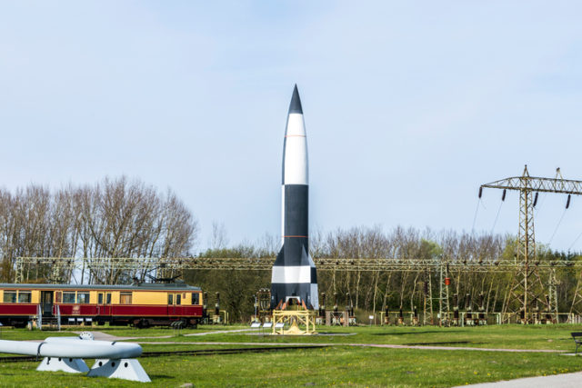 Peenemuende, Germany – April 17, 2014: German WW2 V2 rocket in Peenemuende, Germany. From 1943 onwards large numbers of the rocket were manufactured in underground production facilities.