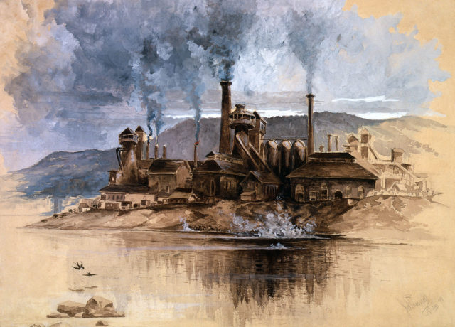 Bethlehem Steel Works, a watercolor by Joseph Pennell, depicting Bethlehem Iron Company in May 1881.