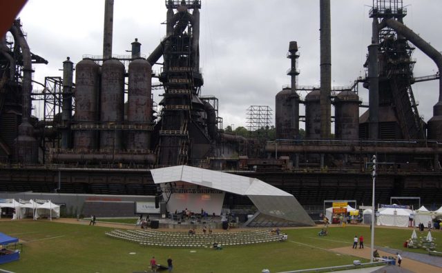 The Levitt Pavilion at SteelStacks, the former Bethlehem Steel site, is being prepared for a show.Author: Lbeaumont CC BY-SA 3.0 