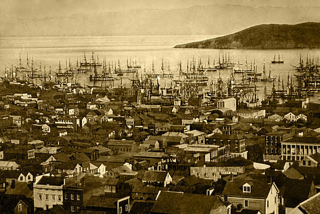 Merchant ships fill San Francisco harbor in 1850 or 1851 during the California Gold Rush