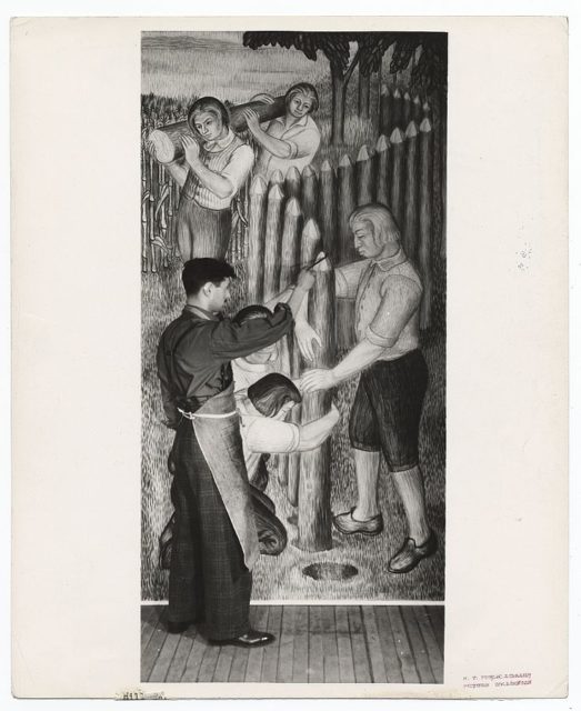 Artist Axel Horn painting a mural inside the Farm Colony as part of the Federal Art Project in 1937.