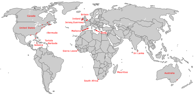 Distribution of Martello towers worldwide.
