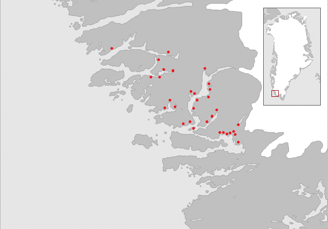 Map of the Middle Settlement of the Norse in medieval Greenland. Red dots indicate known Norse farm ruins.Author: Hans Christian Gulløv CC BY-SA 3.0