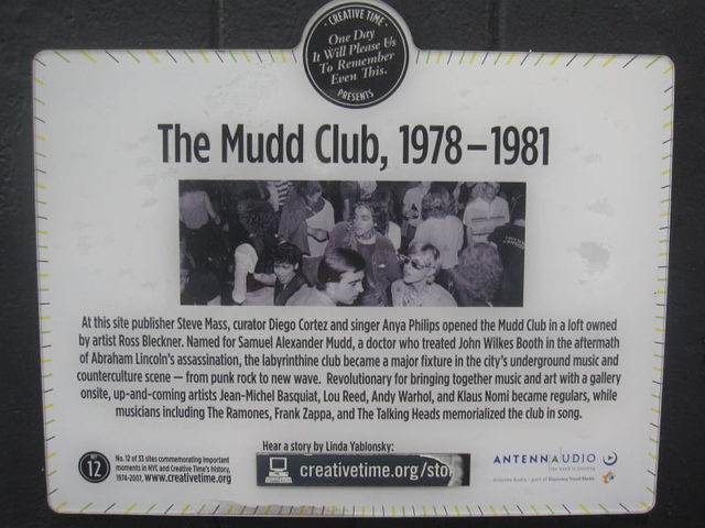 Mudd Club plaque on building in NYC. Author: Wickkey. CC BY-SA 3.0