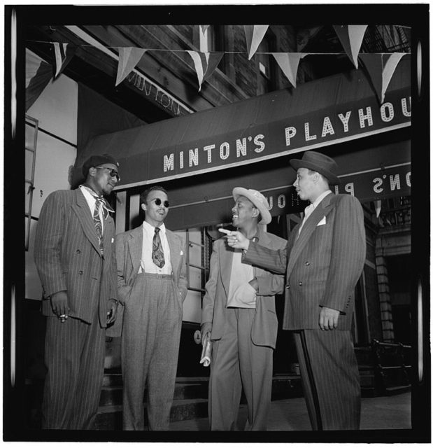 Thelonious Monk, Howard McGhee, Roy Eldridge, and Teddy Hill, Minton’s Playhouse, New York, N.Y., ca. Sept. 1947. Author: William P. Gottlieb. Public Domain