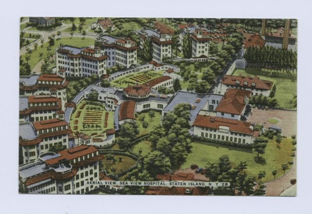 Aerial view of the hospital postcard. Author: Scan by NYPL Public Domain