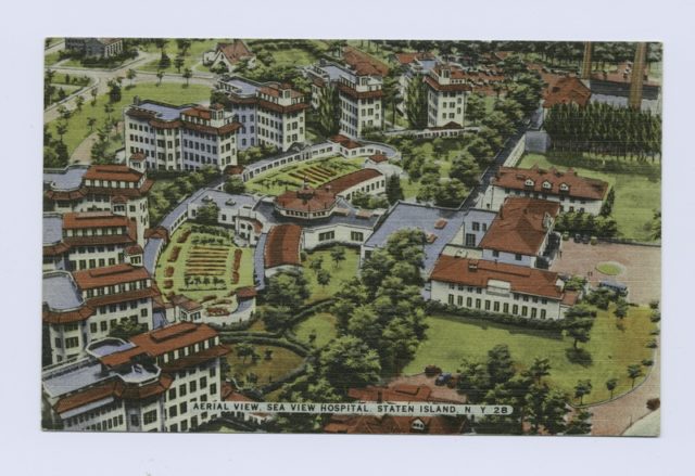 Aerial view of the hospital postcard. Author: Scan by NYPL Public Domain