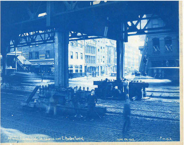 Archive photo of Atlantic Avenue and State Street columns over East Boston Tunnel. Author: City of Boston Archives CC BY-SA 2.0