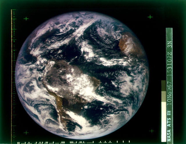 The first color photo of Earth, imaged in 1967 by ATS-3, was used as the cover of Whole Earth Catalog’s first edition.