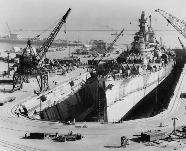 Battleship in the drydock. Unknown or not provided Public Domain