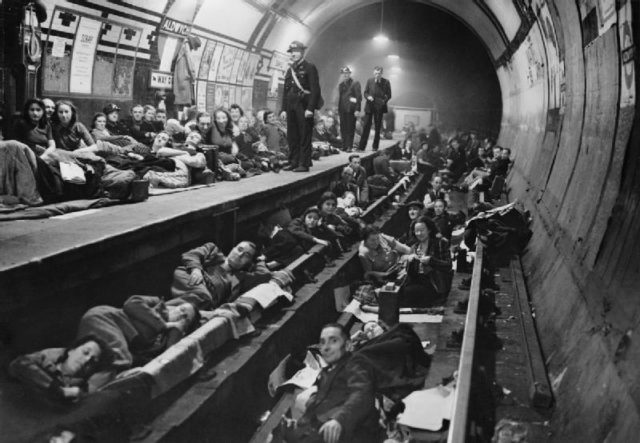 Shelter inside Aldwych station during the Blitz, 1940. Author: Unknown Public Domain
