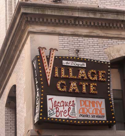 The Village Gate Sign adorned the corner of Thompson and Bleecker Streets until 2007. Author: Srosenstock. Public Domain