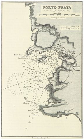 1884 Map of Porto Praya (now Praia) featuring Ilhéu de Santa Maria, written as Quail Island