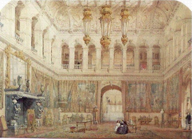 The Grand Hall at Mentmore. Author: Watercolour painted circa 1863. Public Domain
