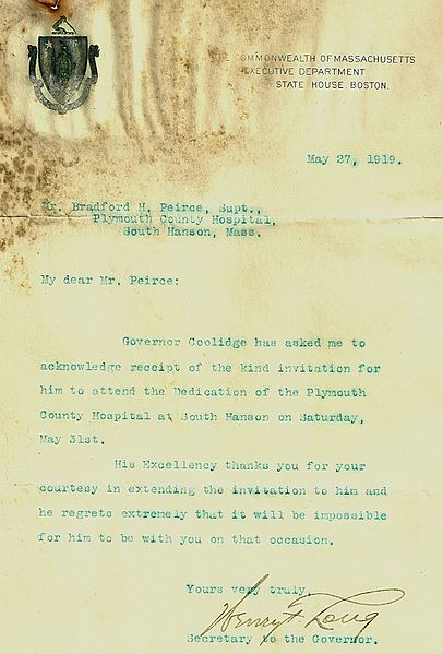 A document from Governor Calvin Coolidge’s secretary. Author: Kurttarvis CC BY-SA 4.0