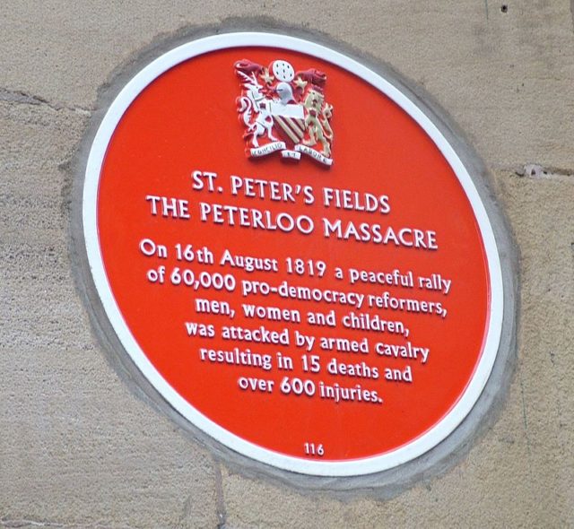 Plaque commemorating the Peterloo Massacre of 16 August 1819. Author: Eric Corbett. CC BY 3.0