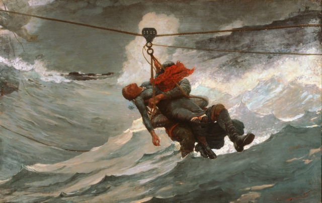 A breeches buoy in use. Author: Winslow Homer Public Domain