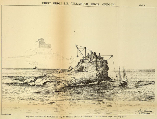 The construction of the Tillamook Rock Light. Author: United States Lighthouse Board Public Domain