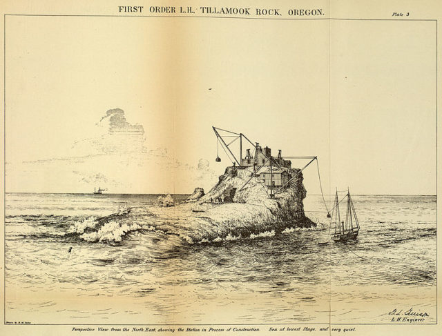 The construction of the Tillamook Rock Light. Author: United States Lighthouse Board Public Domain