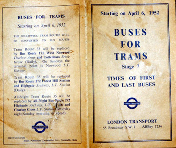 London Transport timetable and changes leaflet.