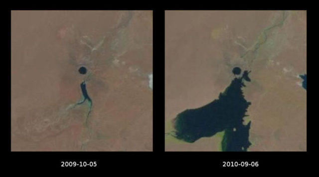 An aerial photo of Lake Chagan and its transformation. Author: USGS/NASA Landsat Program; comparison made by Szczureq – Images from USGS Public Domain