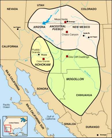 Map of Hohokam, Ancestral Pueblo, and Mogollon cultures, circa 1350 Author: Yuchitown – CC BY-SA 4.0