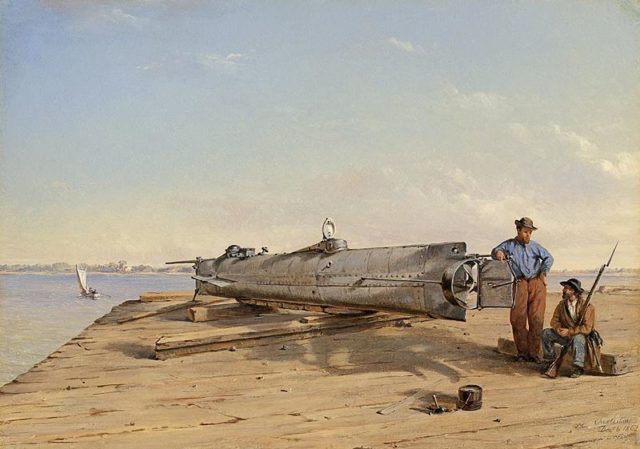 Conrad Wise Chapman Submarine Torpedo Boat H.L. Hunley, Dec. 6, 1863. Author: Conrad Wise Chapman – American Civil War Museum – Chapman Paintings Portfolio Public Domain