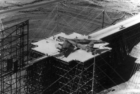 A Boeing B-52 placed on top of the wooden platform. Author: U.S. Air Force (courtesy Natural Resource Defense Council)
