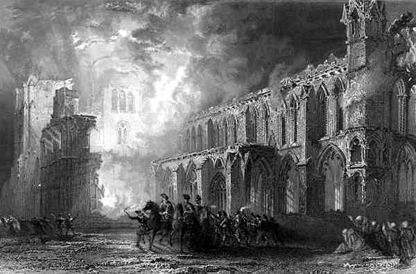 19th-century depiction of the burning of Elgin Cathedral, made by Thomas Allom