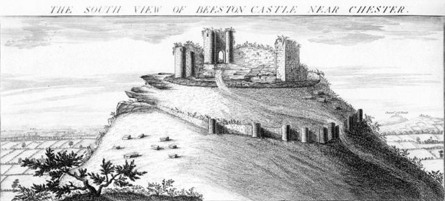Engraving of 1727 showing Beeston Castle. Author: Buck Brothers Public Domain