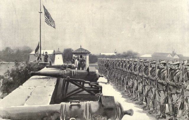 The raising of the American Flag. Author: G.W. Peters