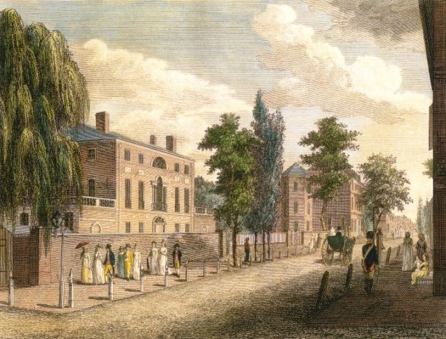 View of Third Street, from Spruce Street, Philadelphia (1799) by William Birch. Author: Drawn & Engraved by W. Birch & Son Public Domain