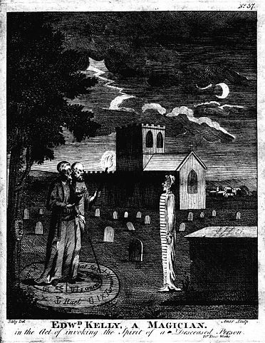 A depiction of John Dee (1527–1608) and Edward Kelley invoking spirits