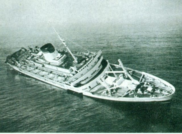 Andrea Doria, part of Italy’s transatlantic liner fleet, now lies a battered wreck about 300 miles east of New York