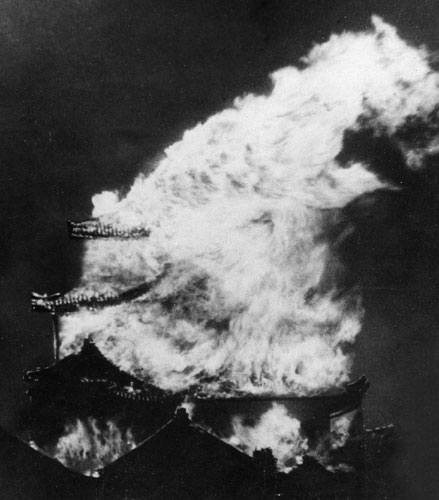 The castle in flames in WWII.