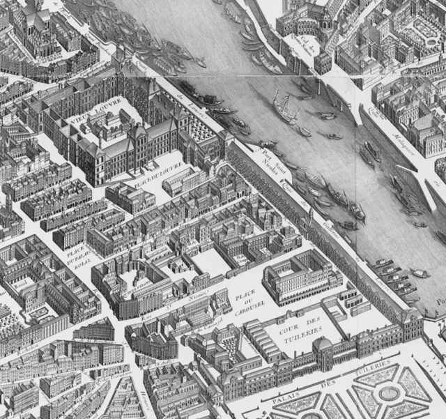The Tuileries Palace and the Louvre on the 1739 Turgot map of Paris.
