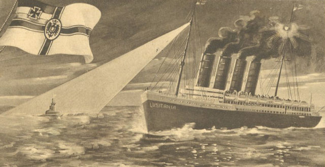 The U-20 sinking of RMS Lusitania. Author: Private Collection – Wartenberg Trust – PD-US