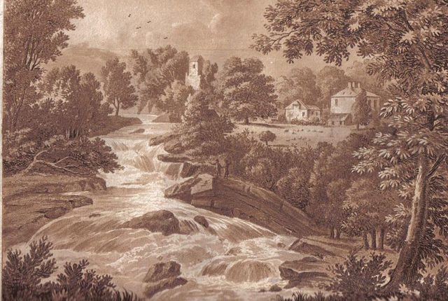 Painting of the Corra Linn waterfalls. Author: Stoddart, John (1803)