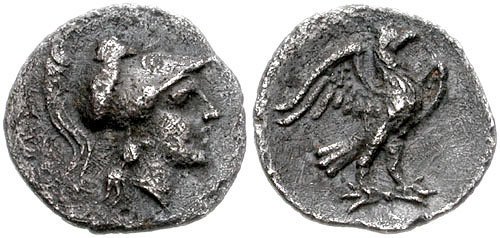 Roman coins c. 280-275 BC. Head of Athena wearing crested Corinthian helmet (left), Eagle standing left on thunderbolt (right). Author: Classical Numismatic Group, Inc. – CC BY-SA 2.5