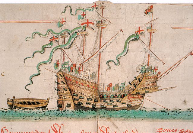 The Mary Rose as depicted in the Anthony Roll (a record of ships of the English Tudor navy of the 1540s) by Anthony Anthony.