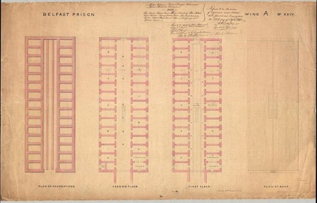 Plan of the Floors in A Wing, Belfast Gaol/Crumlin Road Prison – drawn by Charles Lanyon c.1842. Courtesy Public Record Office of Northern Ireland