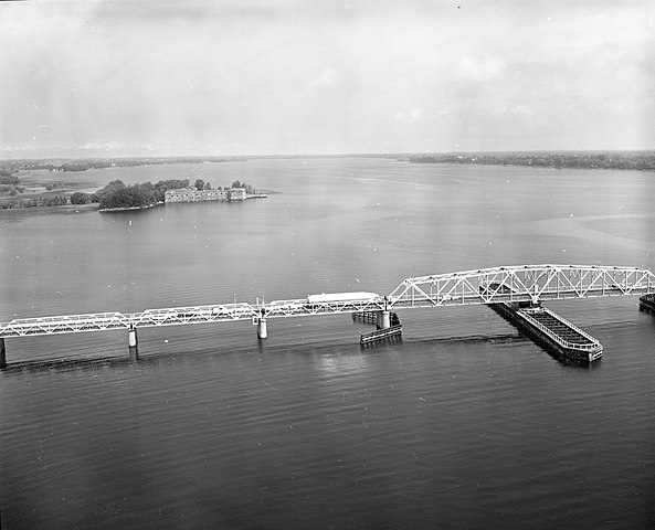 Aerial view of Lake Champlain Bridge, Fort Montgomery in the background.