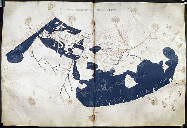 “A Renaissance reconstruction of Ptolemy’s 1st projection, showing the Land of Silk (Serica) in northeast Asia at the end of the overland Silk Road and the land of the Qin (Sinae) in the southeast at the end of the maritime routes; 1450–1475 AD, attributed to Francesco del Chierico and translated from Greek to Latin by Emanuel Chrysoloras and Jacobus Angelus.”
